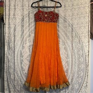 Womens Indian Pakistani Anarkali Suit Kurta Hot Red and Orange Design Size 32